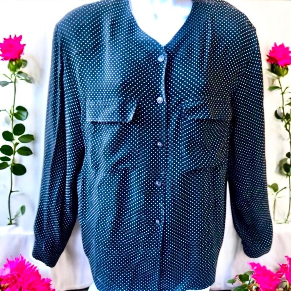 Jones New York Vintage Polka Dot Long Sleeve Skirt Blouse Button Down size 12